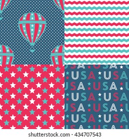 USA Patterns - Collection of 4 American patriotic seamless patterns in red, blue and white