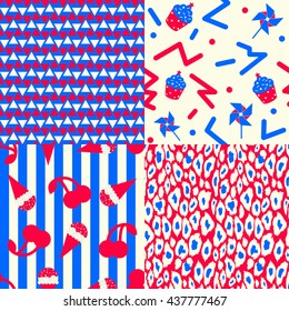 USA Patterns - Collection of 4 American patriotic patterns in red, blue and white, 80's styled