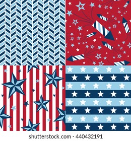 USA Patterns - Collection of 4 American patriotic seamless patterns in red, blue and white.