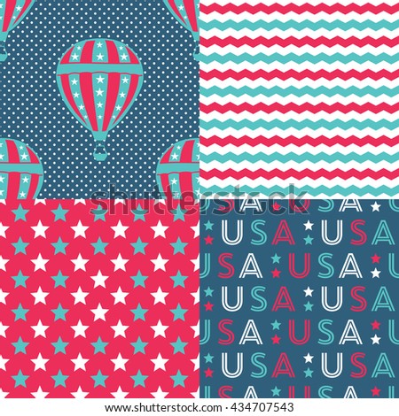 USA Patterns - Collection of 4 American patriotic seamless patterns in red, blue and white