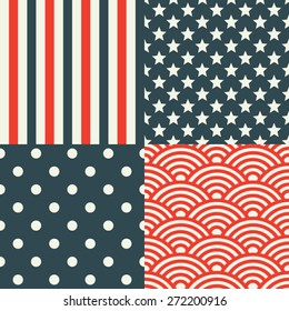 USA Patterns. Patriotic red, white and blue geometric seamless patterns.