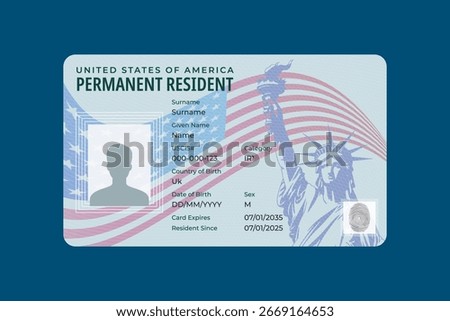 USA Permanent Resident Card Template. USA Green Card Vector Illustration Design