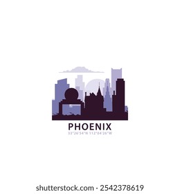 Logotipo de Phoenix de EE. UU. con horizonte, icono de Vector retro de paisaje urbano. Estados Unidos de América, horizonte de la ciudad de Arizona, fachada, logotipo de viaje