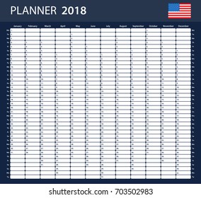 USA Planner blank for 2018. Scheduler, agenda or diary template.