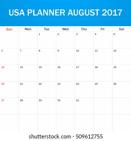 USA Planner blank for August 2017. Scheduler, agenda or diary template. Week starts on Sunday