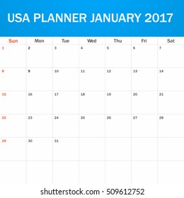 USA Planner blank for January 2017. Scheduler, agenda or diary template. Week starts on Sunday