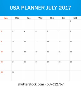 USA Planner blank for July 2017. Scheduler, agenda or diary template. Week starts on Sunday