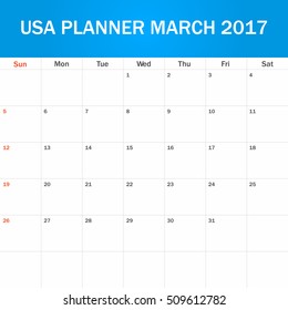USA Planner blank for March 2017. Scheduler, agenda or diary template. Week starts on Sunday