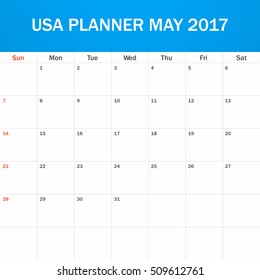 USA Planner blank for May 2017. Scheduler, agenda or diary template. Week starts on Sunday