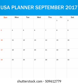 USA Planner blank for September 2017. Scheduler, agenda or diary template. Week starts on Sunday