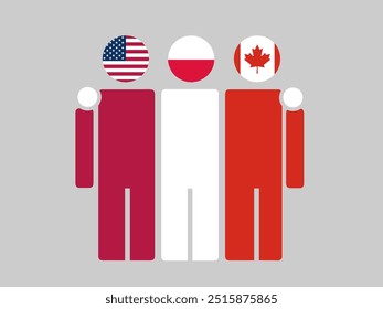 USA, Poland, and Canada National Flags With Embracing Body. Vector Illustration. Isolated background.