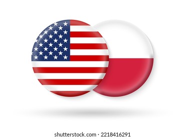 USA and Poland flags. 3d icon. Round American and Polish national symbols. Vector illustration.
