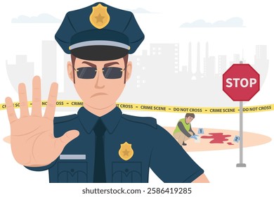 USA police man using a hand sign to stop crime scene investigation vector illustration