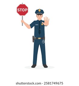 USA Police officer using a hand sign to stop and holding a stop sign board vector illustration