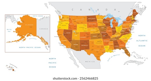 USA Political Map in Detailed Vector Illustration with Color separated by States in Orange, including Cities Name. eps