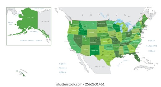 USA Political Map in Detailed Vector Illustration with Color Separated by States in Green Tone, including Cities Name, eps