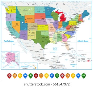 USA Political Map and map pointers isolated on white with water objects and cities.