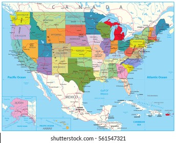 USA Political Road Map with roads, water objects and cities.