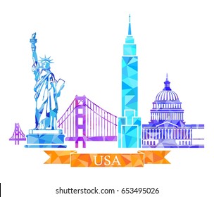 Usa polygonal icons with american national symbols and attractions.