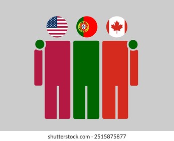 Bandeiras nacionais dos EUA, Portugal e Canadá com corpo abraçante. Ilustração de vetor. Plano de fundo isolado.