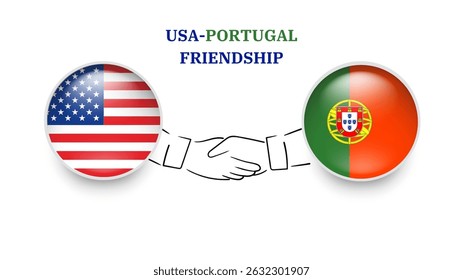 USA and portugal flags in circle with shake hand. USA And portugal friendship. USA And portugal flags, isolated on white background. Vector illustrator