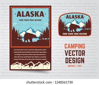 Afiche y placa de EE.UU. Alaska con montañas, osos y paisaje forestal. Diseño de volante de época. Ilustración vectorial de material aislada en fondo blanco.