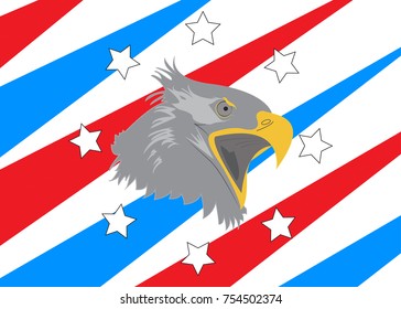 USA poster design with bald eagle head, stars and stripes.