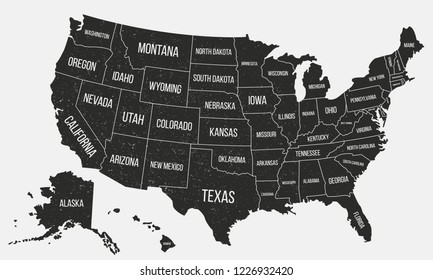 USA poster map with state names. United States of America map with grunge texture. American background. Vintage style. Vector illustration