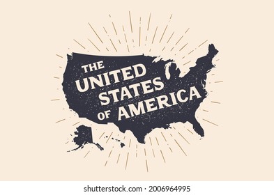 USA. Poster map of United States of America. Print map of USA for t-shirt, poster. Hand-drawn map in style with linear drawing light rays, sunburst and rays of sun. Vector Illustration