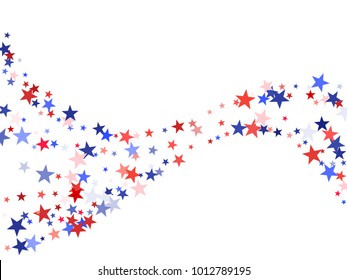 USA President Day background with star dust flying. Red and blue stars American patriotic background graphic design. Flying holiday confetti in USA flag colors for President Day celebration.