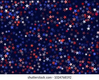 USA President Day background with star dust.  Holiday confetti in USA flag colors for President Day. Red blue stars flying American patriotic background. July 4 cool stardust.