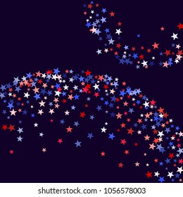 USA President Day background with star dust.  Holiday confetti in US flag colors for Independence Day. Red blue stars American patriotic backdrop. July 4th stardust confetti.