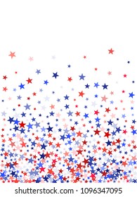 USA President Day Background With Star Dust.  Holiday Confetti In USA Flag Colors For President Day. Red Blue Stars American Patriotic Backdrop. July 4 Stardust Elements.