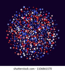 USA President Day background with star dust.  Holiday confetti in USA flag colors for Independence Day. Red blue stars flying American patriotic banner. July 4 cool stardust on dark blue.