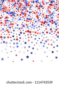 USA President Day background with star dust.  Holiday confetti in USA flag colors for President Day. Red blue stars flying American patriotic banner. 4th of July trendy stardust on white.