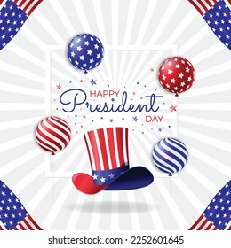 USA President Day Celebration with Uncle Sam Hat,  Balloons and American Flag Border Background Illustration