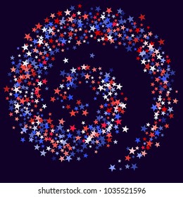 USA President Day stars flying background.  Holiday confetti in US flag colors for President Day. Red blue white stars American patriotic graphics. July 4 cool stardust on blue.
