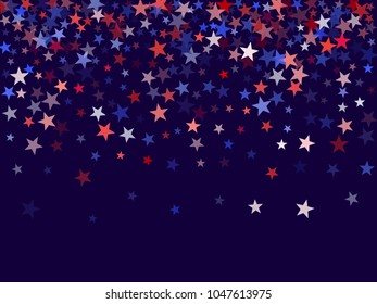 USA President Day stars flying background.  Holiday confetti in USA flag colors for Independence Day. Red blue stars American patriotic background. July 4 cool stardust.