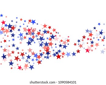 USA President Day stars flying background.  Holiday confetti in USA flag colors for Independence Day. Red blue stars American patriotic banner. July 4th stardust confetti.