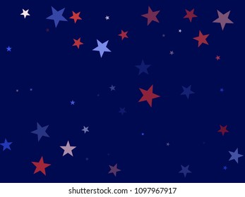 USA President Day stars flying background.  Holiday confetti in US flag colors for Independence Day. Red blue stars flying American patriotic backdrop. July 4 cool stardust on blue.