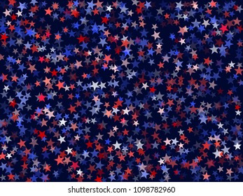 USA President Day stars flying background.  Holiday confetti in US flag colors for Independence Day. Red blue stars American patriotic graphics. July 4 trendy stardust.