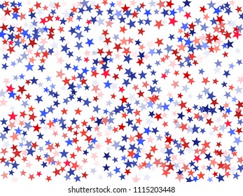 USA President Day stars flying background.  Holiday confetti in US flag colors for Independence Day. Red blue stars American patriotic banner. July 4th stardust confetti on white.