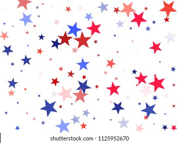 USA President Day stars flying background.  Holiday confetti in USA flag colors for Independence Day. Red blue stars American patriotic pattern. July 4 stardust elements on white.