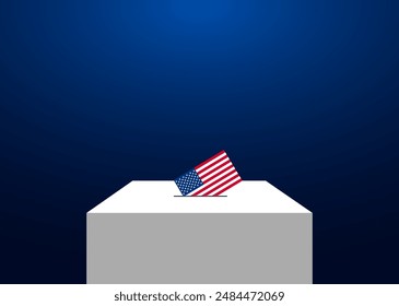 Elecciones presidenciales de Estados Unidos 2024. Estados Unidos de América marcó el sobre de votación en una urna blanca sobre fondo azul, el día de la votación de la Ilustración vectorial, el 5 de noviembre.