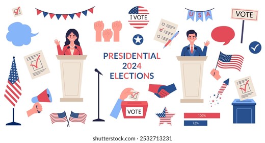 Candidatos presidenciales estadounidenses que participan en debates políticos durante una campaña electoral. Elecciones 2024 USA. Ilustración vectorial.