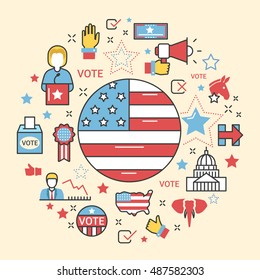 USA Presidential Election 2016 Line Art Thin Vector Icons Set
