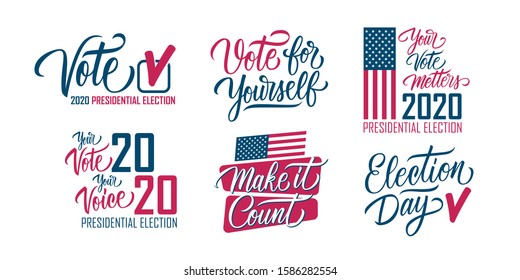 USA Presidential Election 2020 set. United States Elections hand lettering collection. Vector Illustration.