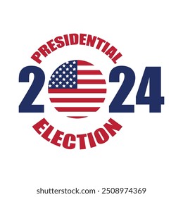 Elección presidencial de Estados Unidos 2024 Anuncio, cartel, tarjeta de felicitación. Logo, insignia, etiqueta, sello de Vote 2024. Anuncio de campaña electoral política. Texto rojo y azul con bandera americana.