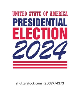 Elección presidencial de Estados Unidos 2024 Anuncio, cartel, tarjeta de felicitación. Logo, insignia, etiqueta, sello de Vote 2024. Anuncio de campaña electoral política. Texto rojo y azul con bandera americana.