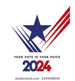 USA Presidential Election 2024. Check mark vote. USA star with american flag colors and symbols. Voting Day 2024 Election in USA, Political election campaign emblem logo